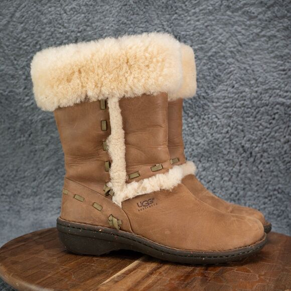 UGG Elijo Leather Sheepskin Boots Shearling Sherpa Mid Calf Warm Size 6 EUC - Picture 1 of 8
